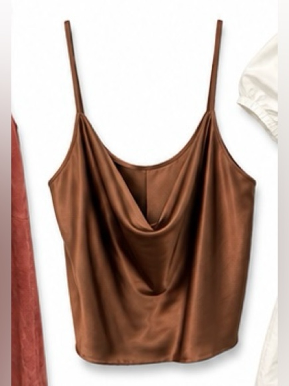 Brown Satin Draped Cowl Neck Camisole